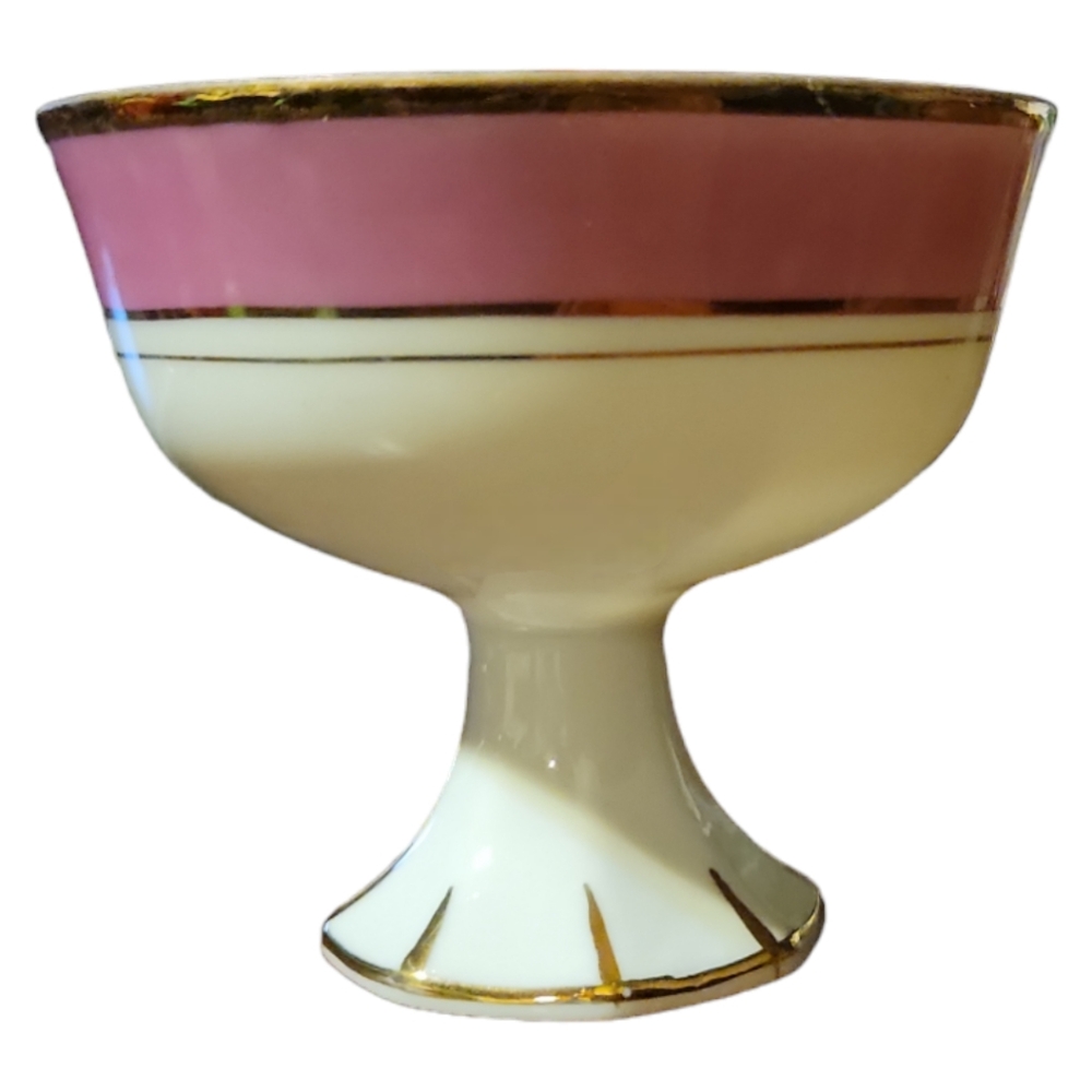 Vtg Octagon Footed Pedestal Gold Accents Pink White Porcelain Dessert Cup Dish